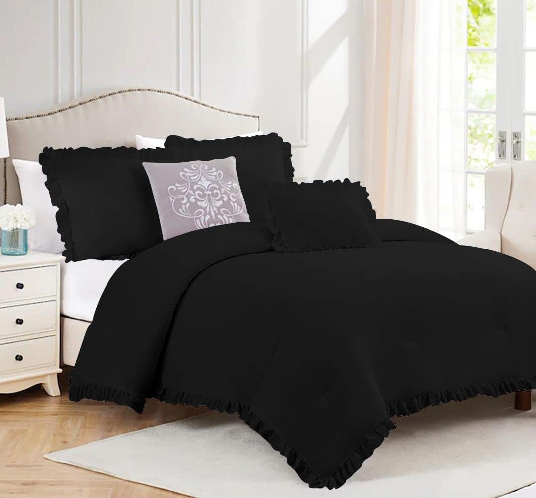 TONY'S TEXTILES 3 Piece Luxury Vintage Ruffle Pattern Comforter Set Premium Super Soft 400 GSM All Season | 1000 Thread Count | 100% Egyptian Cotton - Full/Queen Size Black Color