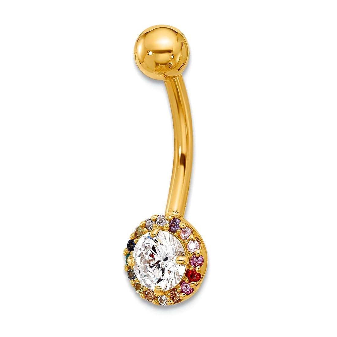 Bauchnabelring aus 14 Karat Gold, 14 Gauge, poliert, Zirkonia, künstlicher Diamant, 24 mm lang, Schmuckgeschenk für Frauen, Metall, Zirkonia