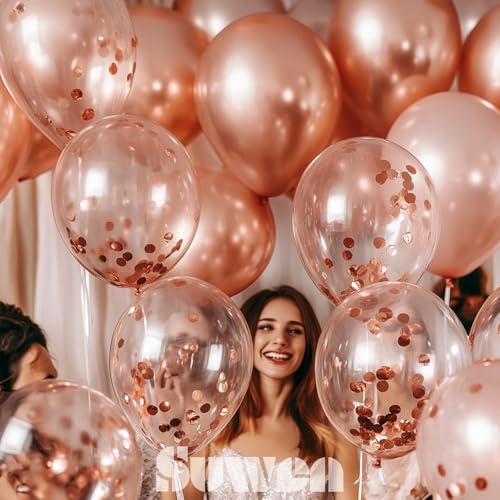 Image of SUWEN Metallic Rose Gold and Confetti Balloon Set 47PCS Latex Helium Chrome | Rose Gold Balloon for Birthday Wedding Anniversary Party Decorations