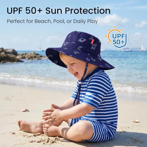 Image of HECCEI Toddler Baby Sun Hat, UPF 50+ Wide Brim Infant Bucket Hats for 0-6Y