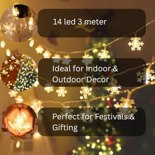 Image of MoonlitDreams Snowflake String Fairy Lights - 14 LED, 3 Meter, Warm White, Waterproof Plug-in Extendable Decorative Lights for Christmas, Wedding, (Pack of 1)