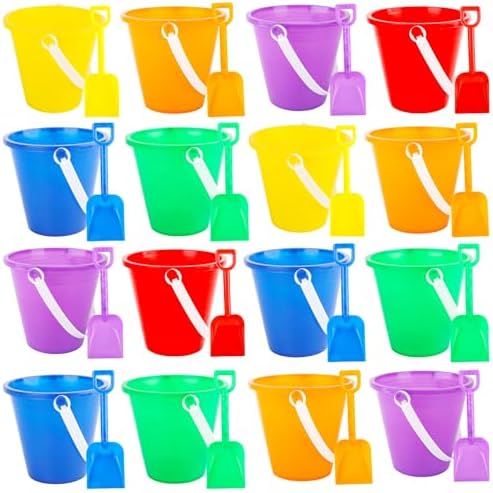 16 Sets Beach Sand Buckets and Shovels Include 16 Pcs Plastic Sand Pail and 16 Pcs Sand Shovels for Summer Beach Sandbox Fishing Pool Party