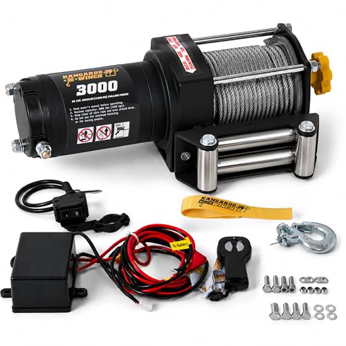 KANGAROO WINCH Elektrische Seilwinde 12V - 3000 LBS / 1361 kg Zugkraft - Ideal für ATV, Quad und Offroad Einsätze - Robuste Konstruktion - Inklusive Stahlseil und Funkfernbedienung (K3000)