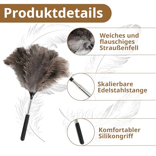 Teleskop Staubwedel Straußenfedern – Staubwedel Lang Ausziehbar, Waschbar, Anti-Statik, Perfekt für Hohe Oberflächen, Deckenventilatoren und Empfindliche Einrichtungen (1, 1.2 m)