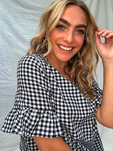 Wdirara Women's Plus Size Plaid Flounce Short Sleeve Blouse Gingham Top Shirt Black And White 1Xl #TOP2