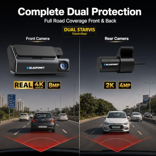 Image of Blaupunkt BPM 555 Smarchoice Dash Cam|Dual Starvis|Real 4K UHD 8MP Starvis 1 Front,4MP Starvis 1, 2K Rear|Built-in GPS & Number Plate Recognition|WiFi 5.8GHz,HDR,Super Night Vision|Supports 512GB SD