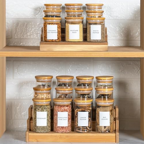 Image of VILON 6oz(220ml) 12-Pack Glass Jars Set, Cylinder Spice Jars with Bamboo Lids and Labels, Food Storage Container Canisters for Home Kitchen, Spice, Herbs, Seasoning, Seed, Tea, Sugar, Salt