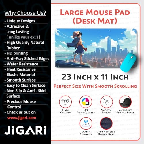 Image of Anime Theme Printed XL Extended Stich Edge Mousead | Smooth Surface Gaming Mousepad with Anti-Slip Rubber Base | 3mm Thick - 11 x 23 Inch (One Piece - Luffy (P114))