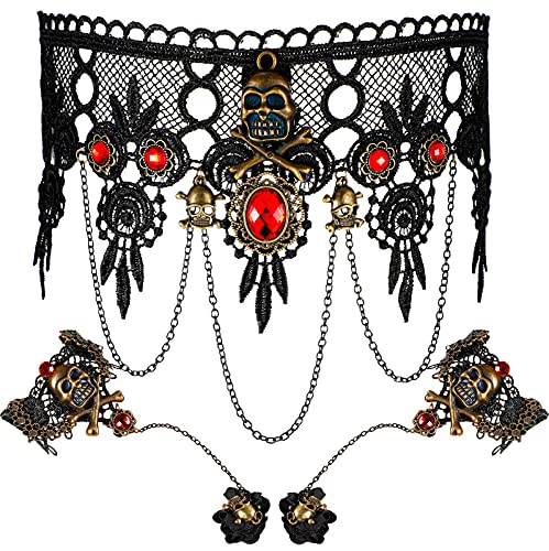 3 Pieces Halloween Steampunk Gothic Choker with Bracelet Set Skull Choker Black Lace Necklace Bracelet Lolita Victorian Choker Wristband Set for Women Girls Punk Gothic Halloween Party (Stylish Style)