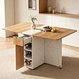 53“ Folding Dining Table Space Saving Foldable Dining Table with Drawer, Shelves and Wine Racks, Drop Leaf Table for Small Spaces, Extendable Folding Kitchen Table with Lockable Wheels
