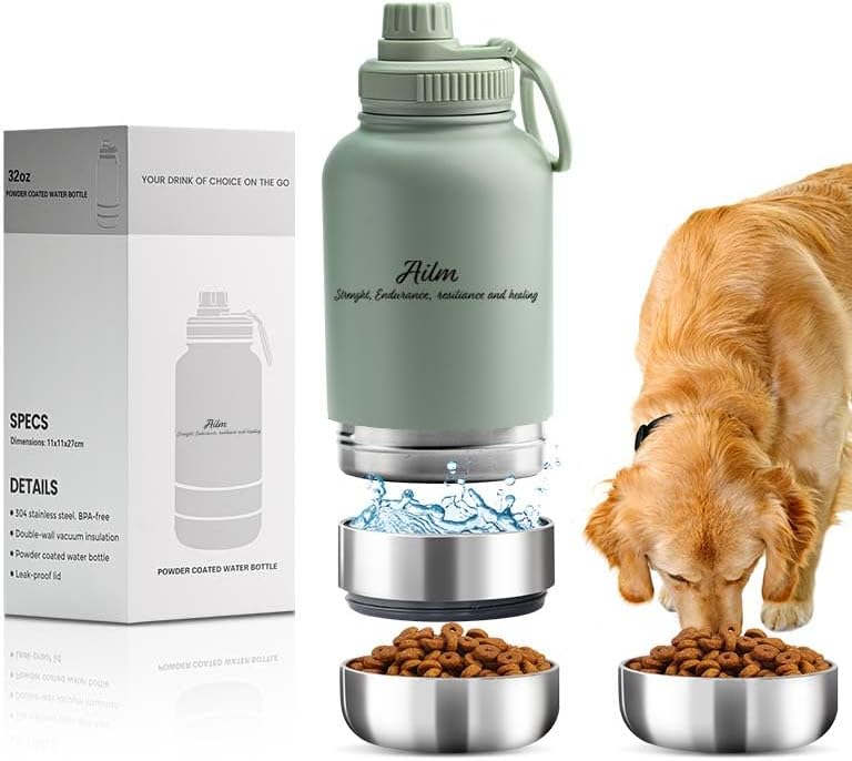 Miniatura 4 de Comedero para mascotas de viaje, dispensador de botellas de agua y alimentos 3 en 1 (salvia)