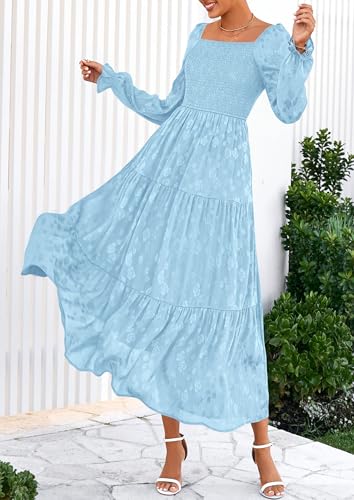 PRETTYGARDEN Wedding Guest Dresses for Women Floral Long Sleeve Smocked Tiered Elegant Long Flowy Boho Dress (Light Blue,XX-Large) — view 4