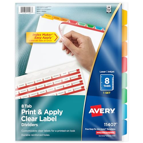 Avery 8 Tab Dividers for 3 Ring Binder, Easy Print & Apply Clear Label Strip, Index Maker Customizable Multicolor Tabs, 1 Set (11407)