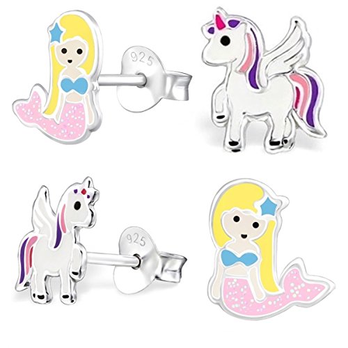 Goldene Hufeisen – Juego de pendientes, 2 pares, pegaso y unicornio + purpurina, sirena,...