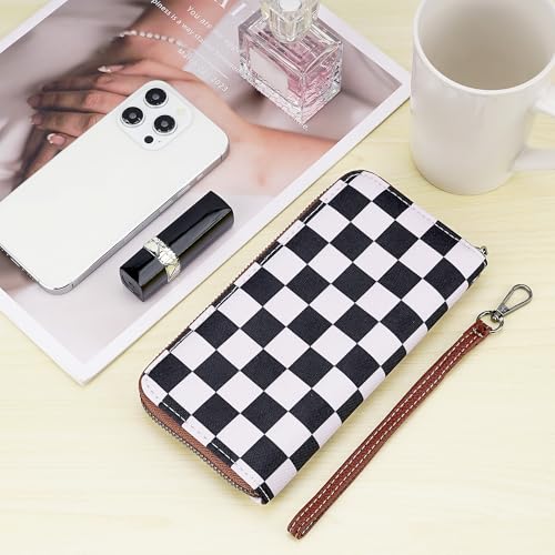 Checkered Wallet for Women with Wrist Strap – Zip Around Canvas Clutch with Card Slots, Cash Pocket & Interior Zip Pouch, Black & White Plaid2