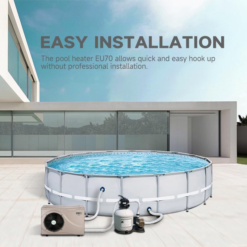 Diagram showing easy installation of the ECOPOOLTECH pool heater connected to an above-ground pool with a filter pump.