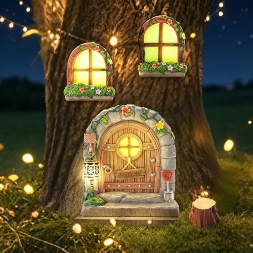 Exasinine 6 Pcs Fairy Door and Windows for Trees Glow in The Dark Fairy Doors Miniature Fairy Garden Accessories for Wall Tree Fairy Garden Outdoor Decor with Tree Stump, 2 Fairy Lanterns