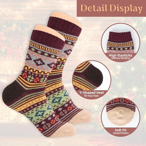 Image of LOCONHA Womens Wool Socks 5 Pairs Winter Warm Sock Thick Knit Cabin Cozy Crew Soft Socks Gifts for Women