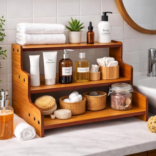 Image of 3 Tier Rustic Wooden Display Shelf Stand - Countertop Spice Rack Organizer for Kitchen | Wooden Storage Rack for, Plants, Essential Oils & Home Decor | Vintage Counter Shelf Organizer(Brown)
