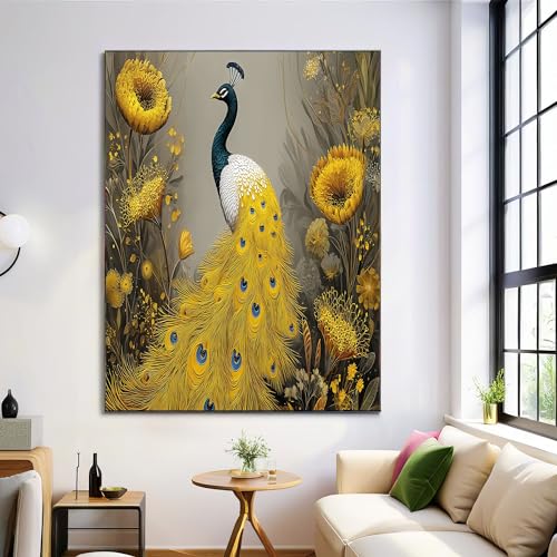 Tableaux déco peinture à l'huile paon pour décoration chambre luxe et grand poster mural de salon