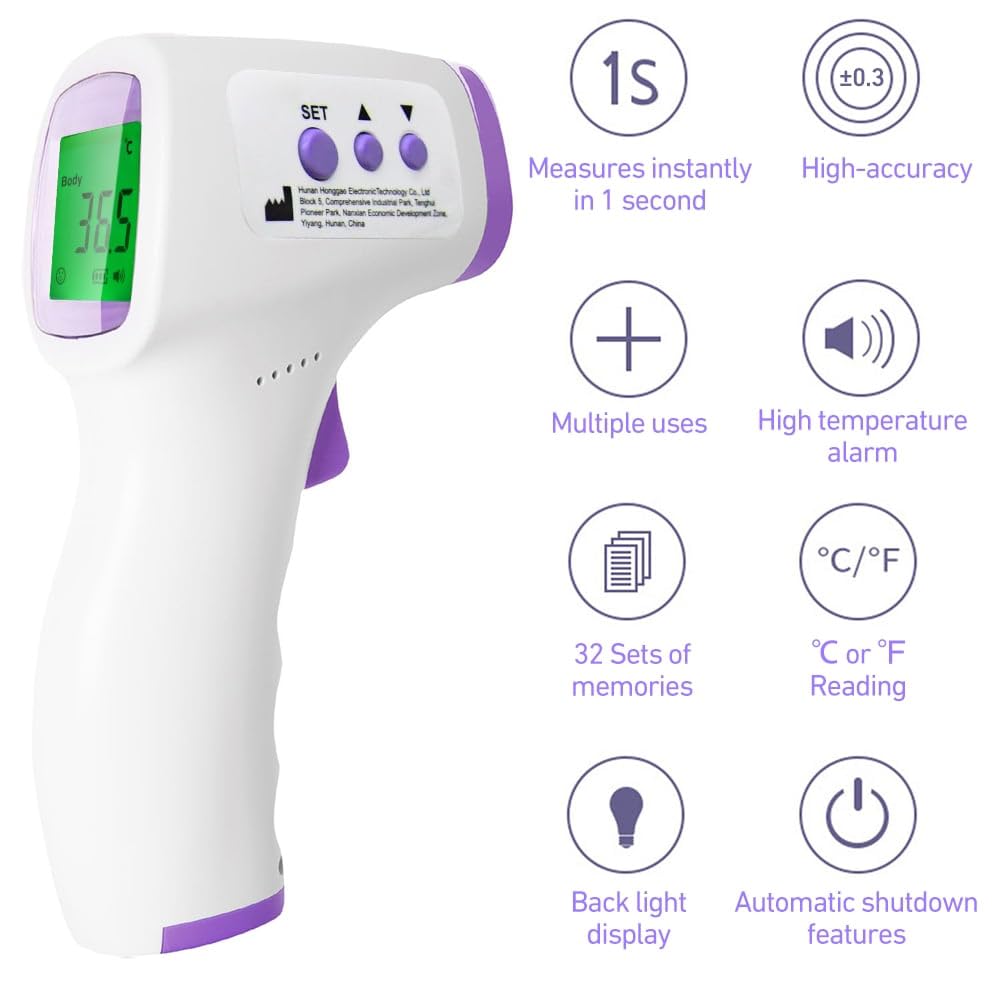 Thermomètre Frontal Sans Contact, Thermomètre Frontal Adulte et Bebe avec Lecture Instantanée 1s, Thermometre Numérique 32 Mémoire, Alarme de Fièvre, Rapides et Précises