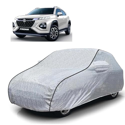 Image of Sulfar 100% Waterproof Car Body Cover Compatible with Mirror for Maruti Suzuki Fronx (Triple Stitched, Full Bottom Elastic, Magic Silver with Black Piping)