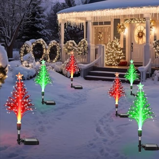 6 Pack Solar Christmas Tree Garden Stake Lights Outdoor Waterproof Color Changing Christmas Lighted Yard Decorations Optical Fiber Xmas Pathway Lights for Lawn Patio Cemetery (Red, Green)