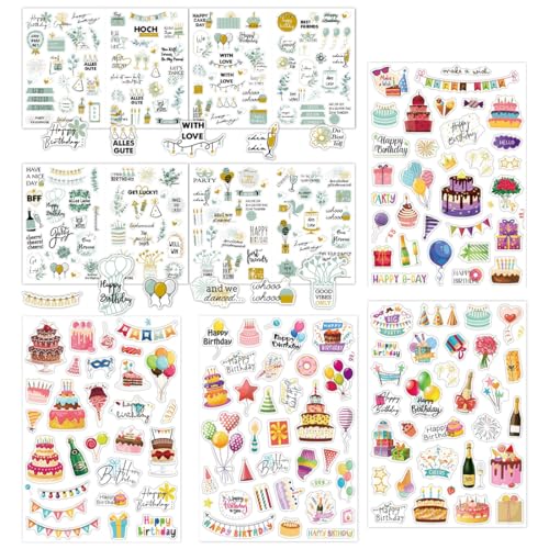 OUDQFCJ Set de 8 Hojas de Pegatinas de Cumpleaños con Muchos Motivos para Album Fotos, Libro de Visitas, Decoración de Fiesta para Niños y Adultos