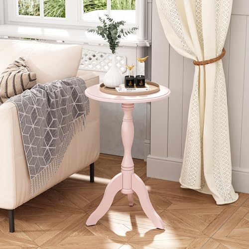 Image of HLR Round Small End Table, Wooden Pedestal Side Coffee Tables, Vintage Accent Nightstand for Living Room, Bedroom, Entryway (1, Pink)