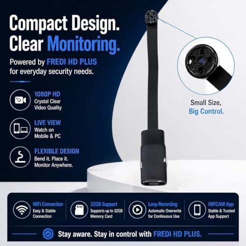 Image of FREDI HD PLUS WiFi Button Camera | 1080P HD Video Recording | Flexible Bendable Design | Live View on Mobile & Laptop | iWFCAM App Support | 32GB Memory Card Support | Audio Video Recording Camera
