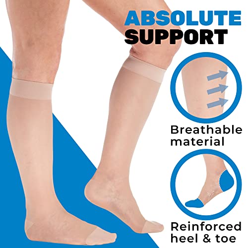 (3 Pairs - Closed Toe) Made in USA - Compression Socks for Women 15-20mmHg - Sheer Compression Knee High Stockings for Post Surgery, Pregnancy, Arthritis, Edema - Natural, Large - A101NA3-34