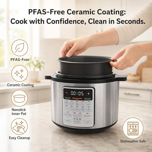 Image of Fullwill 8QT Electric Pressure Cooker, 12-in-1, Ceramic Nonstick Pot, Saute, 1200W Fast Cook, Slow Cook, Steam, Yogurt, Rice Cooker, for Family Meals, 1200W,Silver