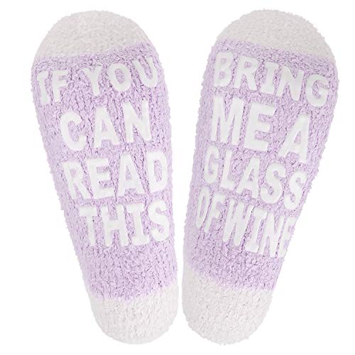IF YOU CAN READ THIS Womens Girls Funny Novelty Slipper Socks Non-Skid Christmas Fluffy Fuzzy Cozy Floor Hospital Socks Gift,Purple