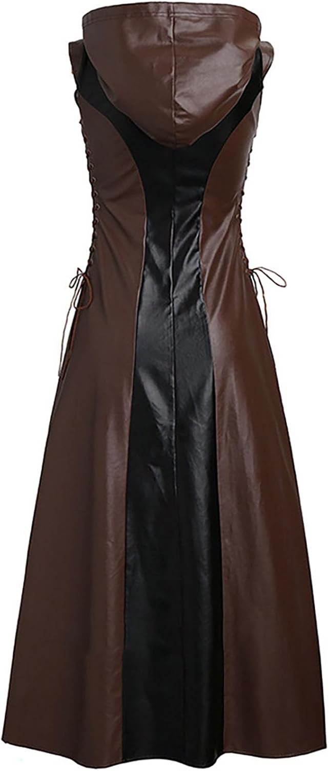 Oplxuo Women Steampunk Gothic Dress Faux Leather Halloween Cosplay Costume Hooded Sleeveless Lace Up Color Block Maxi Dresses