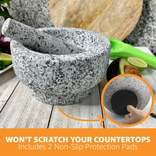Heavy Duty Natural Granite Extra Large Mortar And Pestle Set, Hand Carved, Make Fresh Guacamole At Home, Solid Stone Grinder Bowl, Herb Crusher, Spice Grinder, 7" Wide, 4 Cup, Grey #TOP2