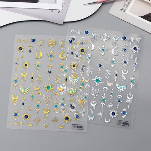 Bronzing Nail Art Stickers 5D Embossed Sun Moon Nail Decals Luxury Gold Silver Sun Moon Stars Gems Designs Self-Adhesive Nails Art Supplies for Women DIY Manicure Accessories, 2 Sheets