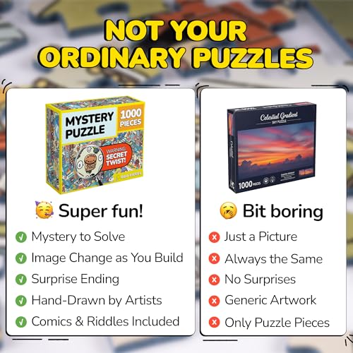 Image of Odd Pieces Jigsaw Puzzles 1000 Pieces with Storytelling Comics, for Women, White Elephant, Mystery Puzzle for Adults & Kids - 19.7'' x 27.6'' Frameable Magic Puzzle Art (Turbo 3000)