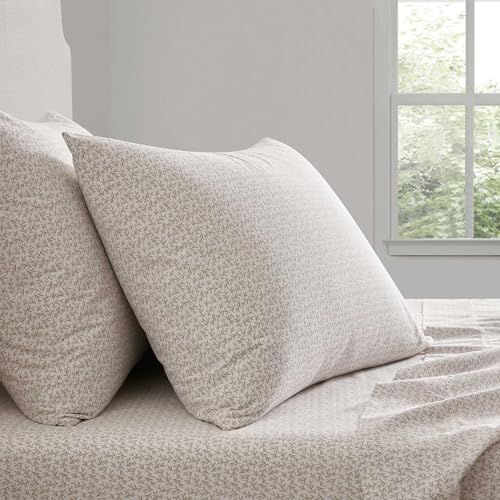 Image of Martha Stewart - King Size Sheets Set, Crisp & Tailored Cooling Sheets w /a Naturally Smooth Cotton Percale Lightweight Feel - Bed Sheets with Matching Pillowcases & Fitted Sheet (Leaves Beige)