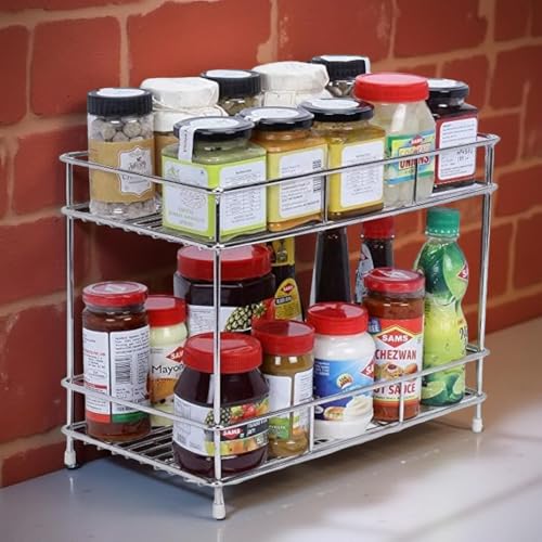IVAZA 2-Tier Stainless Steel Spice Rack – Kitchen Organizer Shelf for Condiment Bottles, Sauces, and Jars – Multipurpose Storage Stand for Pantry and Countertop Use