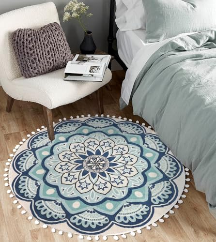 Uphome Round Rug 3ft Blue Mandala Boho Rug with Pom Pom Fringe Non-Slip Washable Circle Bath Mat Soft Cute Blooming Medallion Throw Rug for Entryway Bedroom Powder Living Room Nursery Uphome Round Rug 3ft Blue Mandala Boho Rug with Pom Pom Fringe Non-Slip Washable Circle Bath Mat Soft Cute Blooming Medallion Throw Rug for Entryway Bedroom Powder Living Room Nursery