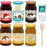 6-Count S Flavored Ice Cream Toppings Ultimate Variety Bundle: Strawberry, Marshmellow, Hot Fudge, Caramel, Butterscotch, & Pineapple + BONUS: (1) Elastic Storage Cover + (1) Lemon Scented Wet Towelette and (1) Wooden Spoon