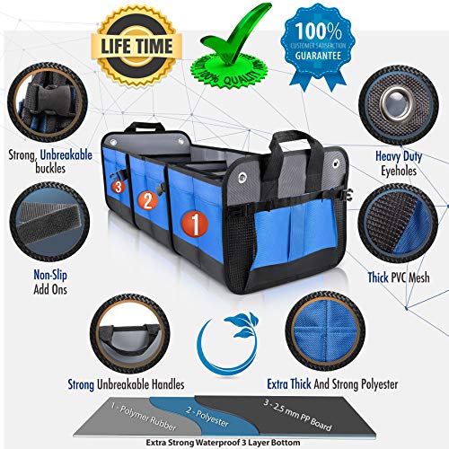 Starling's Car Trunk Organizer - Durable Storage Suv Cargo Organizer Adjustable (Blue, 3 Compartments) #TOP1