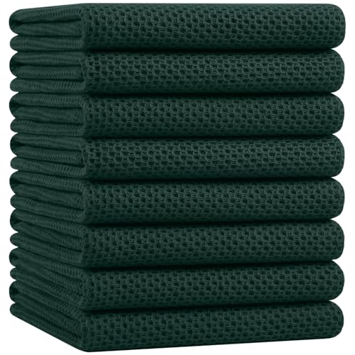 Image of Homaxy 100% Cotton Oversized Waffle Weave Kitchen Dish Towels, Ultra Soft Absorbent Quick Drying Cleaning Towel, 20x28 Inches, 8-Pack, Blackish Green