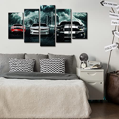 Boys Bedroom Decor Car Posters Of Sports Cars Black And White Red Wall Art 5 Piece Muscle Cars Painting Landscape Pictures Canvas Artwork Men Office Decorations Gifts For Teen Boy 40"W X 22"H #TOP2