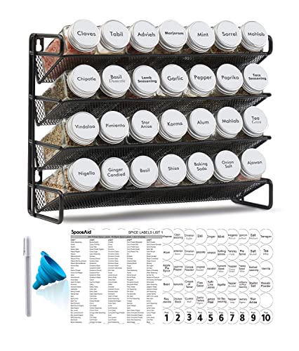 SpaceAid Spice Rack Organizer with 28 Spice Jars, 386 Minimalist Spice Labels, Chalk Marker and Funnel Set for Cabinet, Countertop, Pantry, Cupboard or Door & Wall Mount - 4 Tier