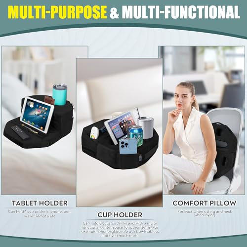 TabCouchCaddy Octagonal Couch Cup Holder Tray Pillow - Bed, Couch Caddy, Sofa, RV & Car - Holds Drinks, Snacks, Remotes, Phones, Kindle, Tablet | Bed Cup Holder (Black) by TabCouchCaddy - Image 3