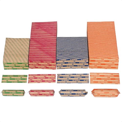 L LIKED 1000 Assorted Flat Striped Coin Wrappers - Pennies, Nickels, Dimes, Quarters (1000 Assorted)