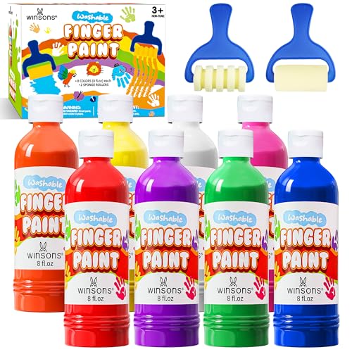 Washable Finger Paint for Kids, 8oz x 8 Colors - Non-Toxic, Thick Finger Paint for Toddlers, Art Supplies for Home & Classroom Use, Large Bottles