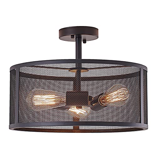 PUSU Black Flush Mount Light Fixture for Kitchen Industrial Semi Flush Mount Ceiling Light D16.5H10.5 Vintage Living Room Ceiling Light Edison Bulb Round Cage Farmhouse Bedroom Light Fixture