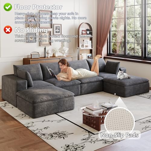 Image of 134 inch Cloud Couch Modular Sectional Sofa for Living Room, U-Shape Boneless Couch with Deep Seat, Modern Corduroy 4-Seater with Ottoman, No Assembly Required, Dark Grey